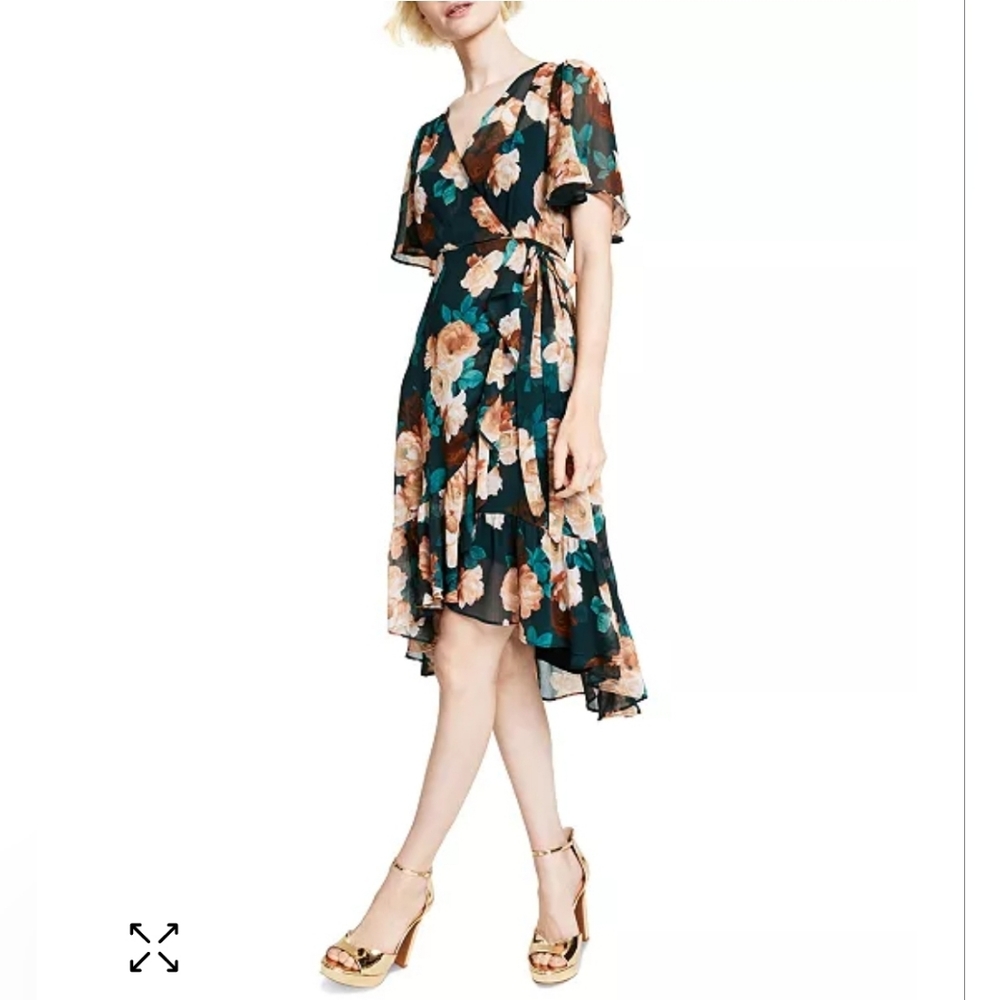 Calvin Klein Floral High-Low Dress - Black and Tan